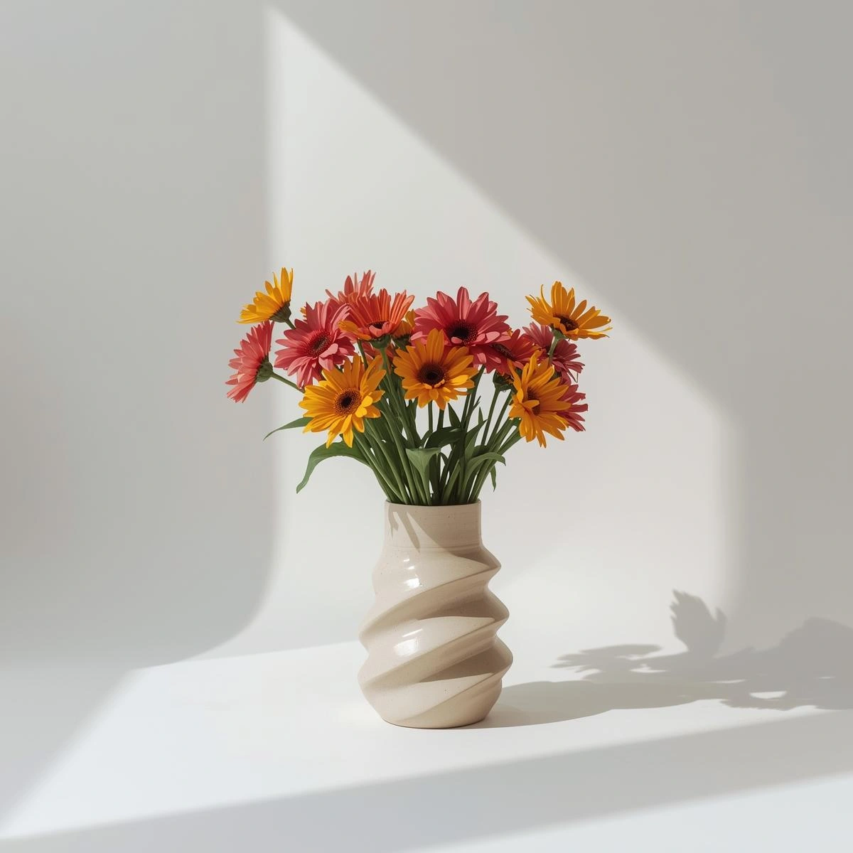 wave vase with bright flowers